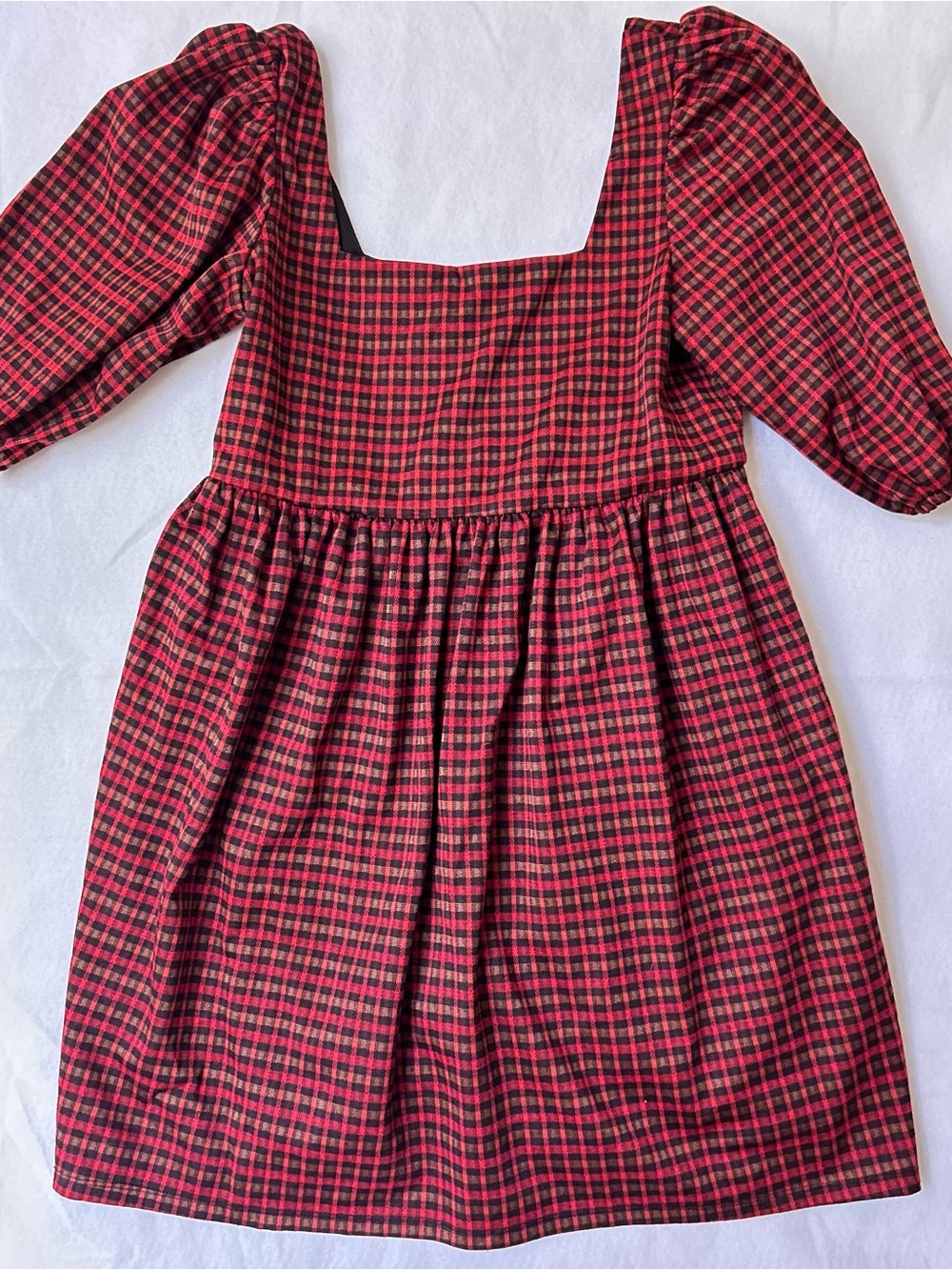 Hutch Anthropologie Red and Black Plaid Square-Neck Puff-Sleeve Dress